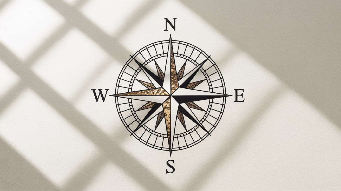An elegantly designed vintage compass rose with the cardinal directions N, S, E, W clearly marked, set against a plain white background.