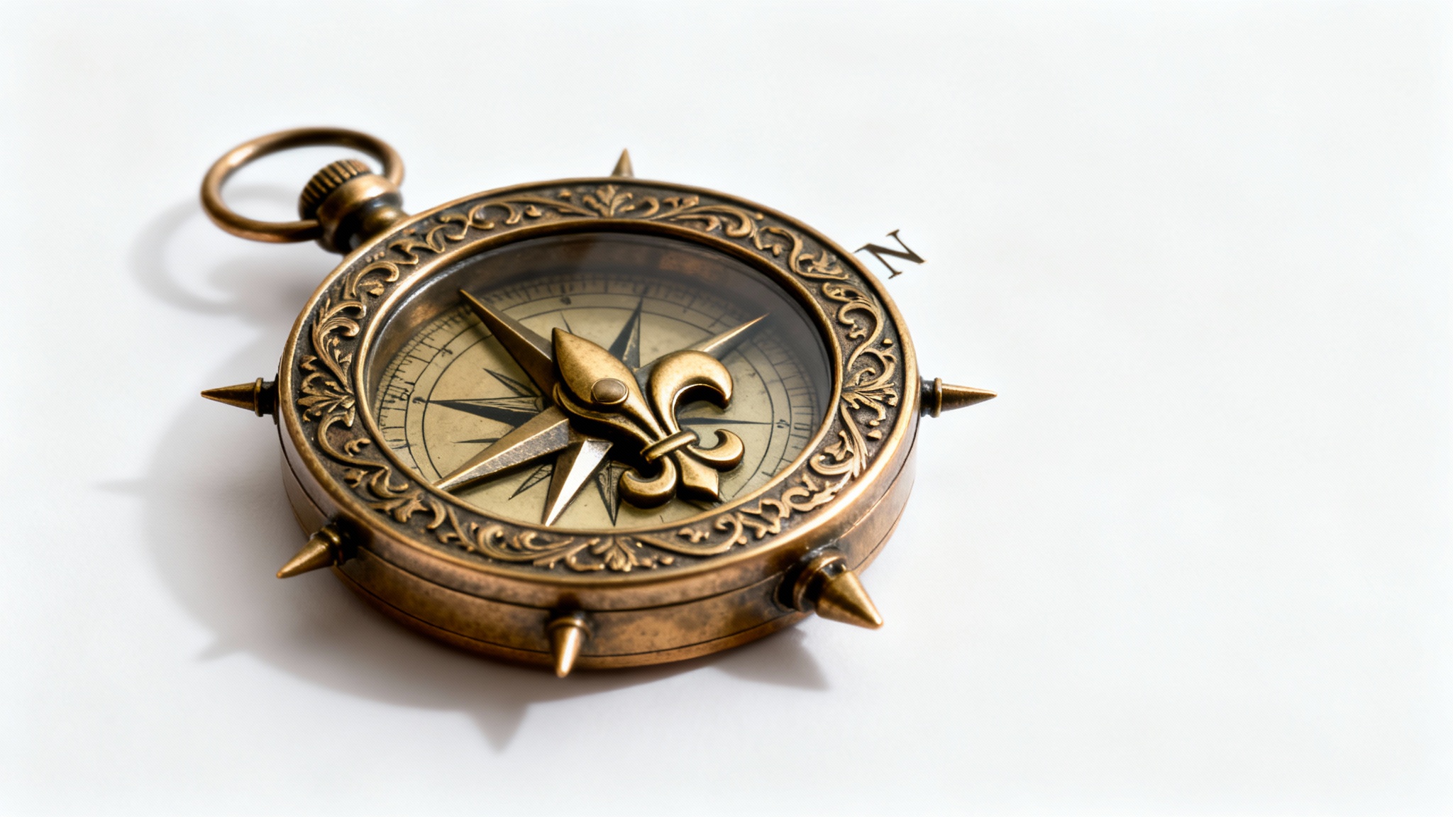 A detailed, vintage-style compass rose made of bronze with intricate engravings, set against a plain white background.