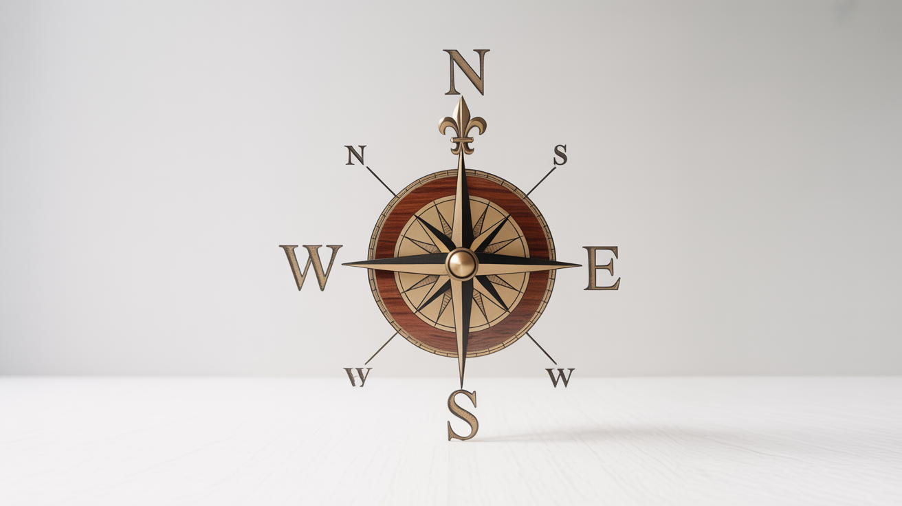 A detailed, top-down view of a vintage-style compass rose made of brass and wood, featuring the cardinal directions 'N', 'S', 'E', 'W', set against a plain white background.