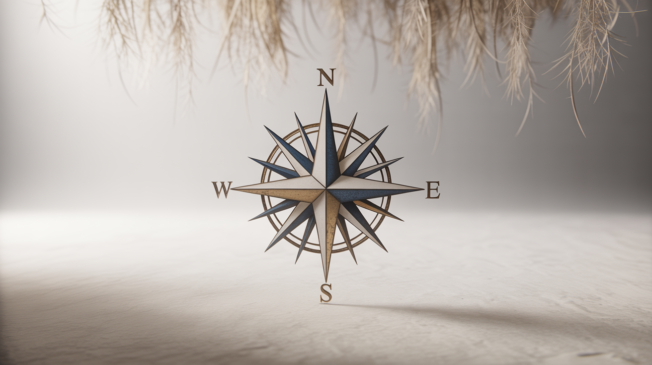 A photorealistic mockup of a vintage compass rose with intricate navy blue and gold details, showing the cardinal directions N, E, S, and W, on a clean white background.