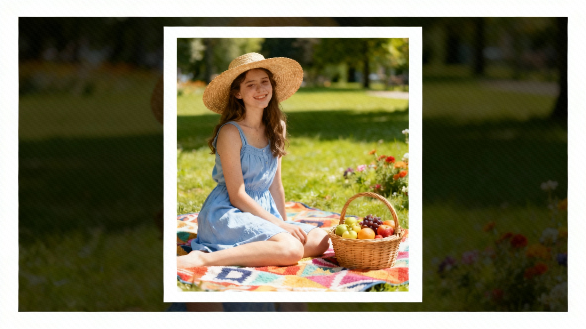 A high-quality photo of a woman having a picnic in a park, framed with a clean white border suitable for an Instagram post.
