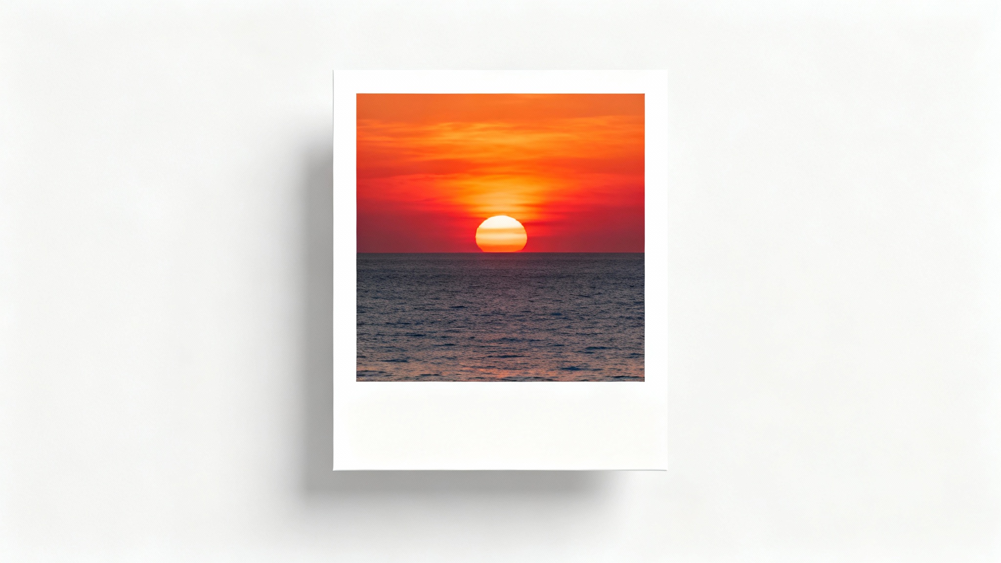 A mockup of an Instagram post showing a beautiful sunset photo framed by a thick white border, set against a plain white background.