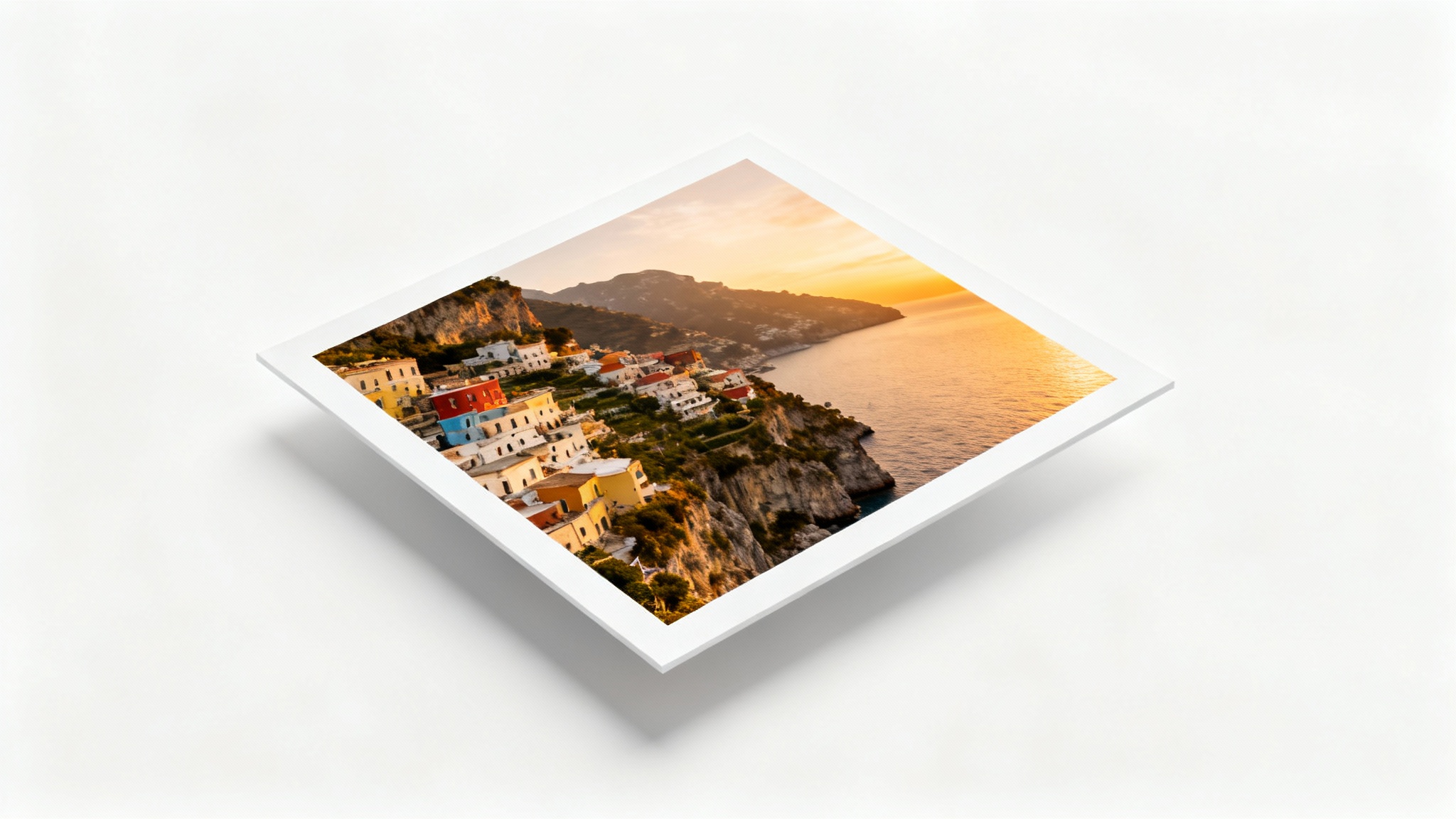 A high-quality photograph of the Amalfi Coast at sunset, framed with a prominent, clean white border, presented as a mockup on a plain white background.