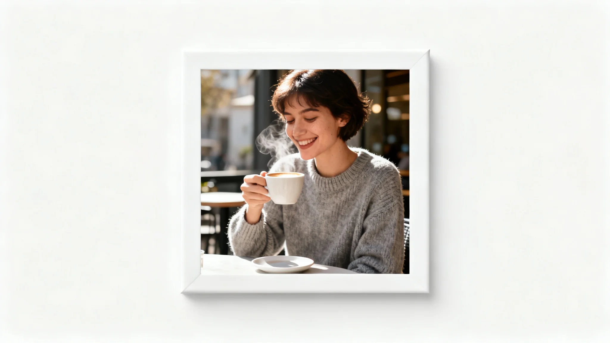 A high-quality mockup of a portrait photograph with a thick white border, displayed against a plain white background, illustrating a clean and modern aesthetic.