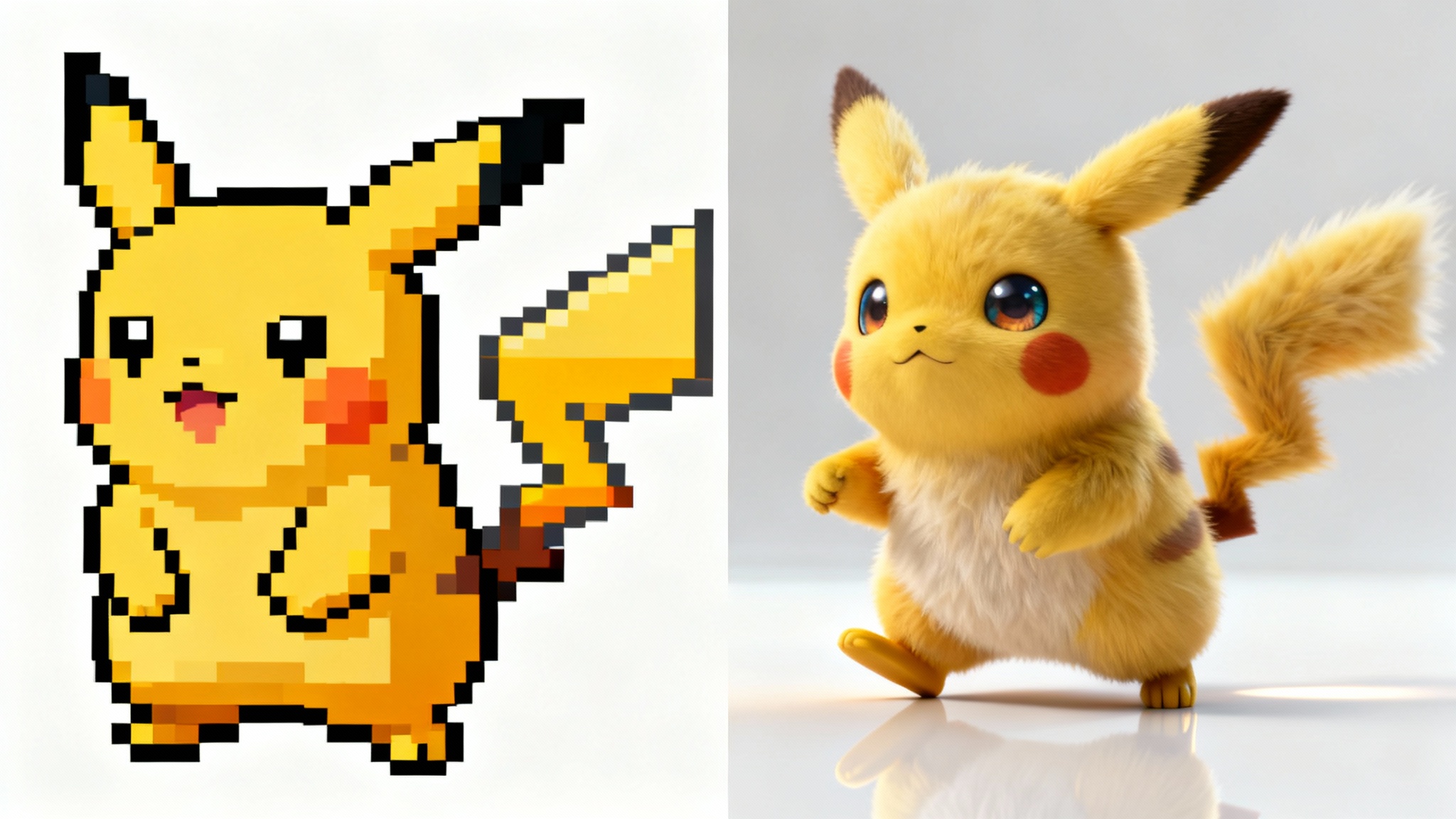 A side-by-side comparison showing the result of a design tool. On the left is a retro 8-bit pixel art sprite of a yellow creature, and on the right is a modern, high-fidelity 3D model of the same creature with realistic fur and lighting.