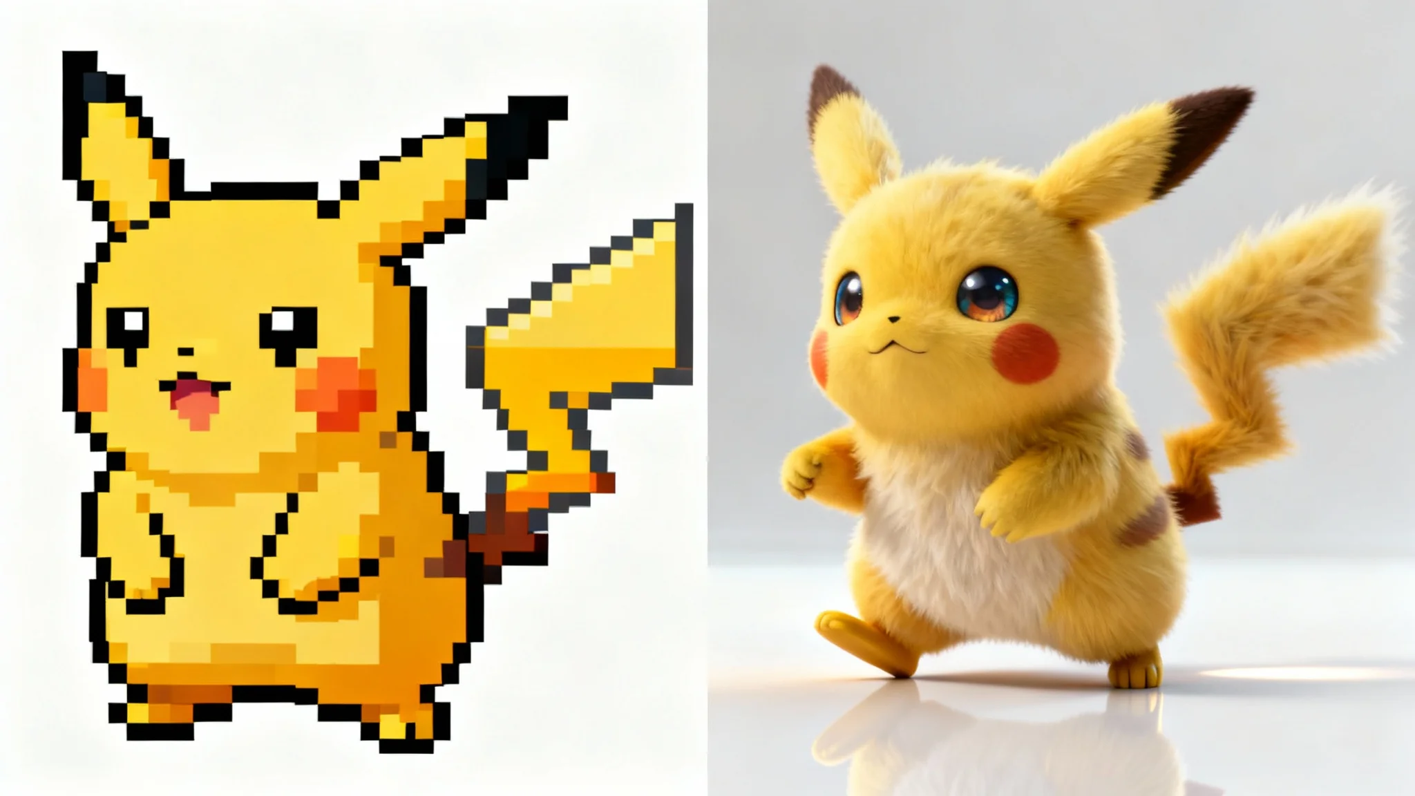 A side-by-side comparison showing the result of a design tool. On the left is a retro 8-bit pixel art sprite of a yellow creature, and on the right is a modern, high-fidelity 3D model of the same creature with realistic fur and lighting.