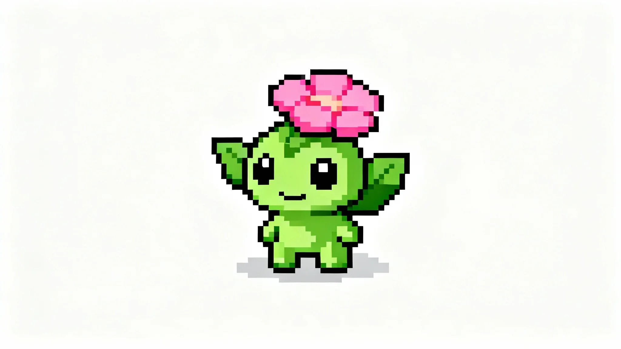 A 16-bit pixel art sprite of a small, green plant-like monster with a pink flower on its head, created in the style of a classic monster-collecting video game, set against a plain white background.