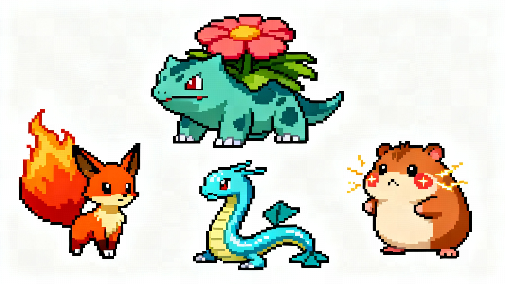 A collection of colorful, custom-made pixel art monster sprites in the style of a classic 16-bit video game, displayed on a white background.