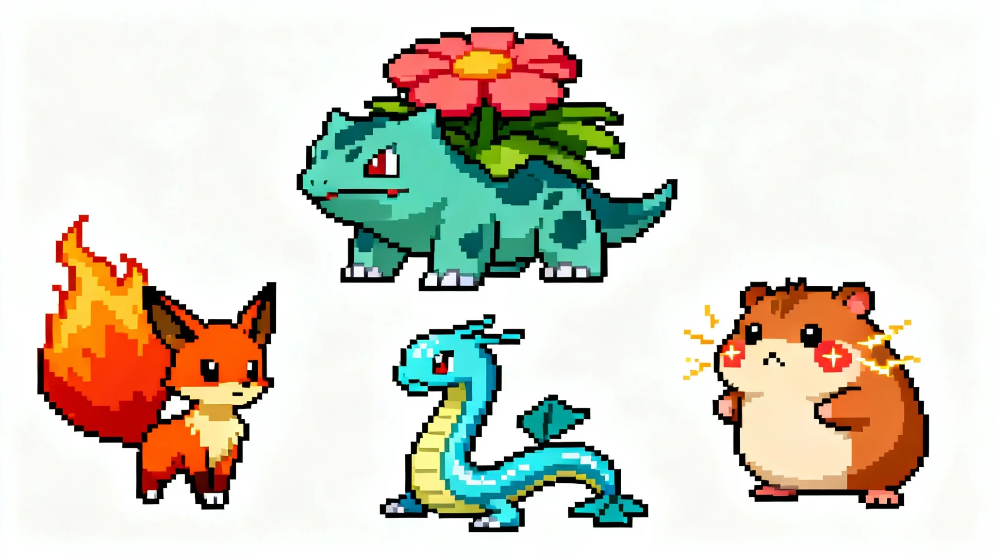 A collection of colorful, custom-made pixel art monster sprites in the style of a classic 16-bit video game, displayed on a white background.