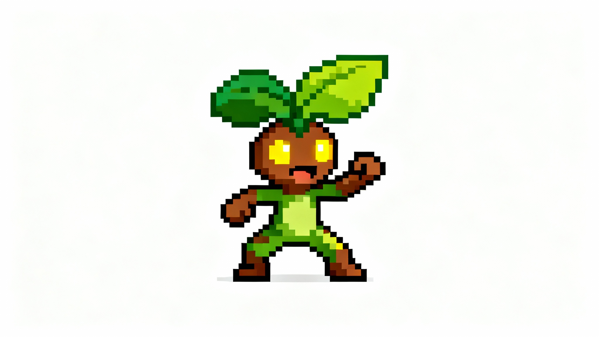 A 16-bit pixel art sprite of a small, cheerful plant monster with a large leaf on its head, set against a plain white background, resembling a classic video game character.