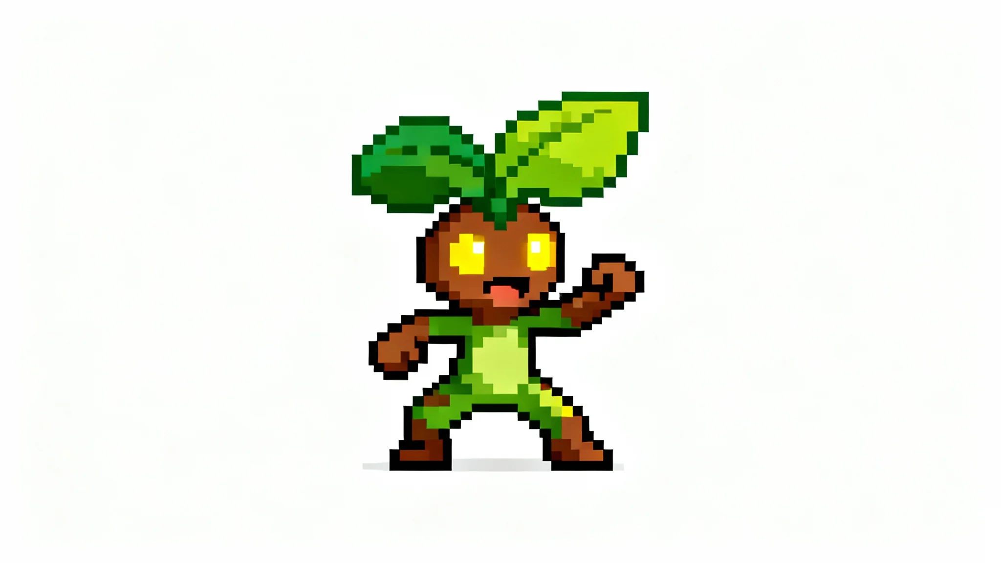 A 16-bit pixel art sprite of a small, cheerful plant monster with a large leaf on its head, set against a plain white background, resembling a classic video game character.