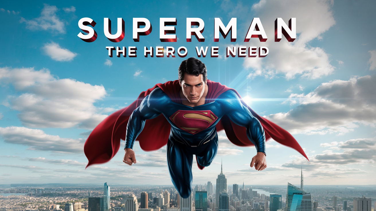 A high-quality, professionally designed movie poster for Superman, showing the hero flying over a city with the title 'Superman: The Hero We Need' prominently displayed at the top.