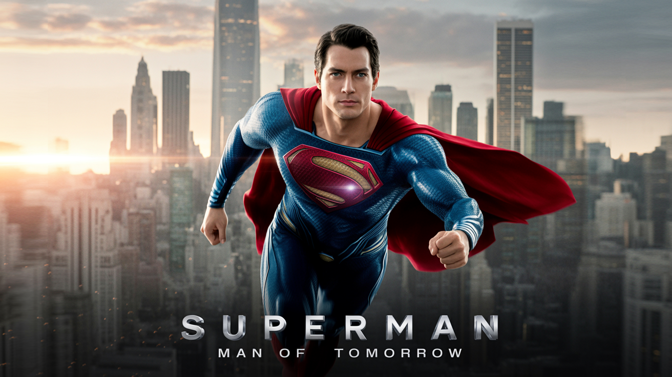 A mockup of a modern Superman movie poster showing him flying heroically over a city at dusk, with the title 'SUPERMAN' at the bottom, all on a white background.
