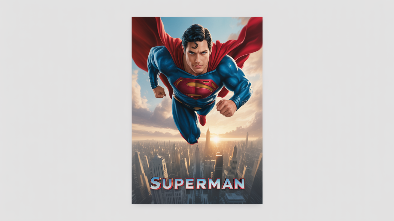 A mockup of a Superman movie poster showing him flying powerfully over the city of Metropolis, with the title "SUPERMAN" below. The poster is displayed against a clean white background.