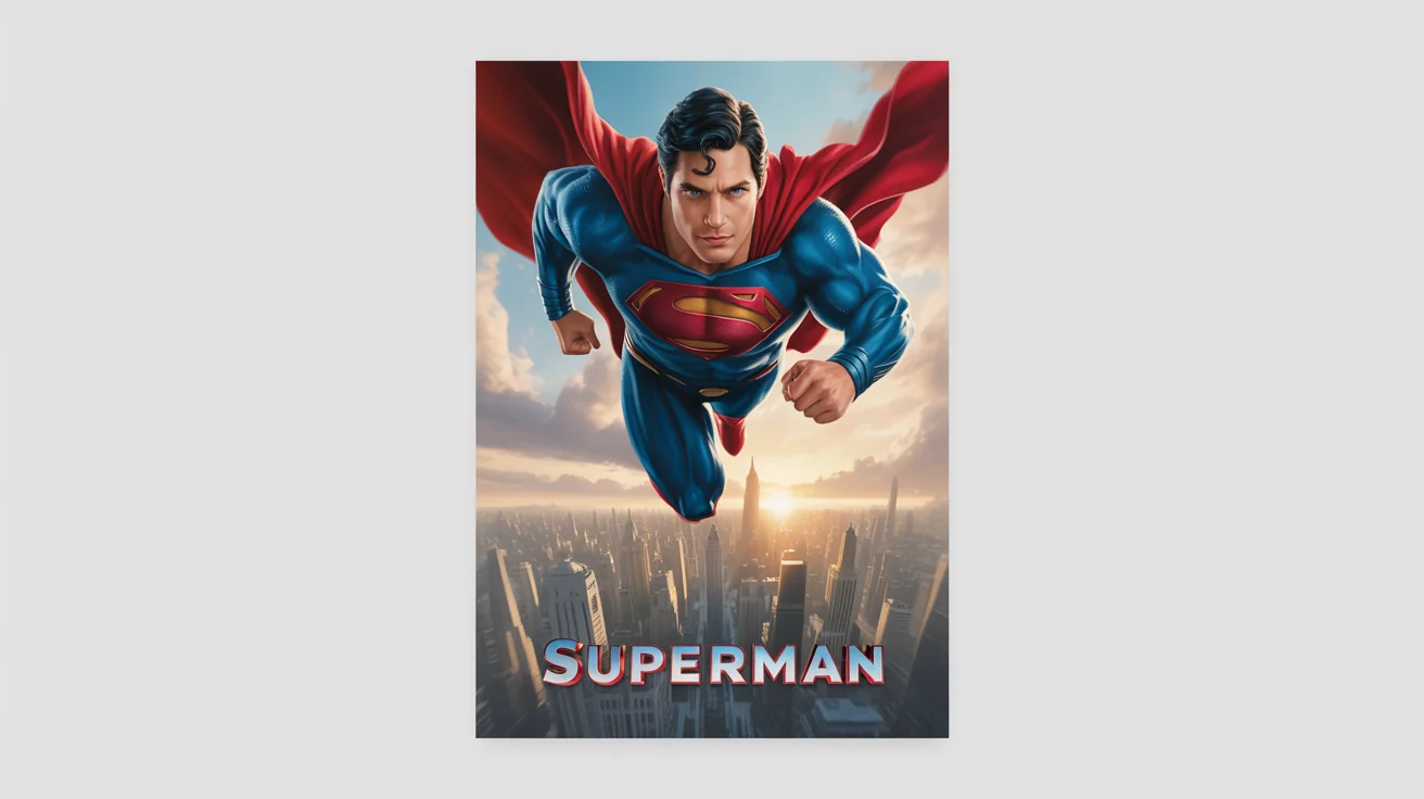 A mockup of a Superman movie poster showing him flying powerfully over the city of Metropolis, with the title "SUPERMAN" below. The poster is displayed against a clean white background.