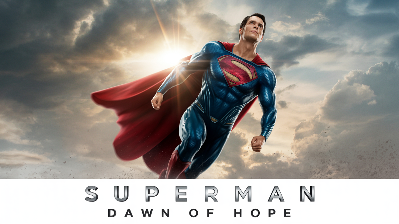 A mockup of a cinematic movie poster for a Superman film. Superman is depicted flying heroically upwards through the clouds with a sunburst behind him. The poster is titled 'SUPERMAN: DAWN OF HOPE'.