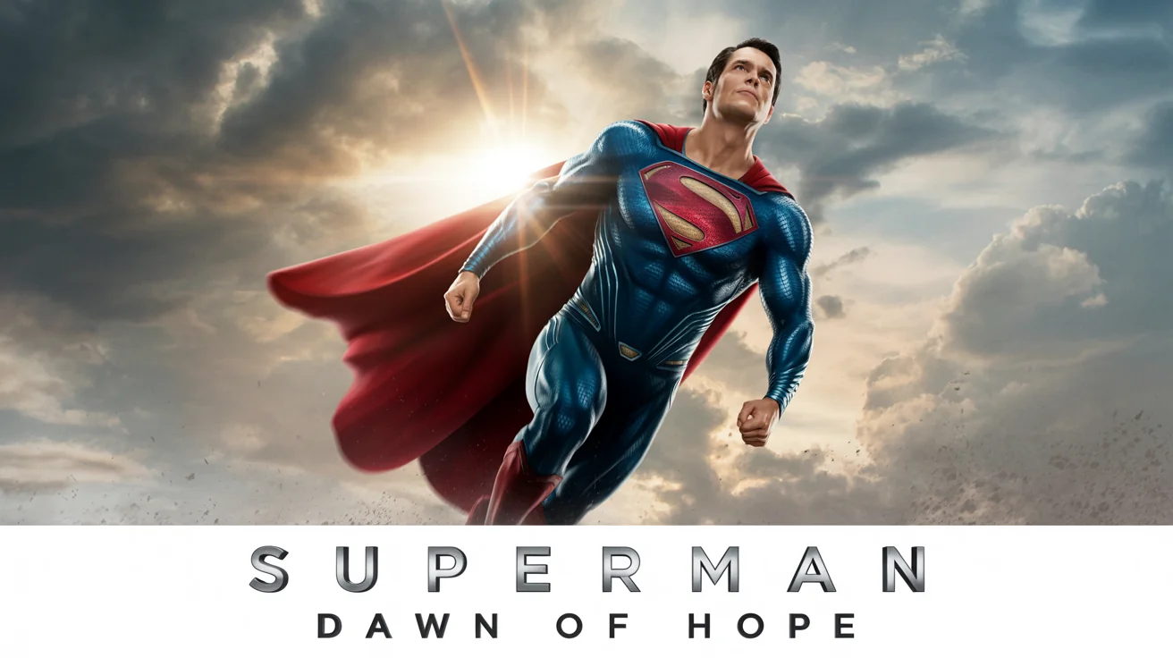 A mockup of a cinematic movie poster for a Superman film. Superman is depicted flying heroically upwards through the clouds with a sunburst behind him. The poster is titled 'SUPERMAN: DAWN OF HOPE'.
