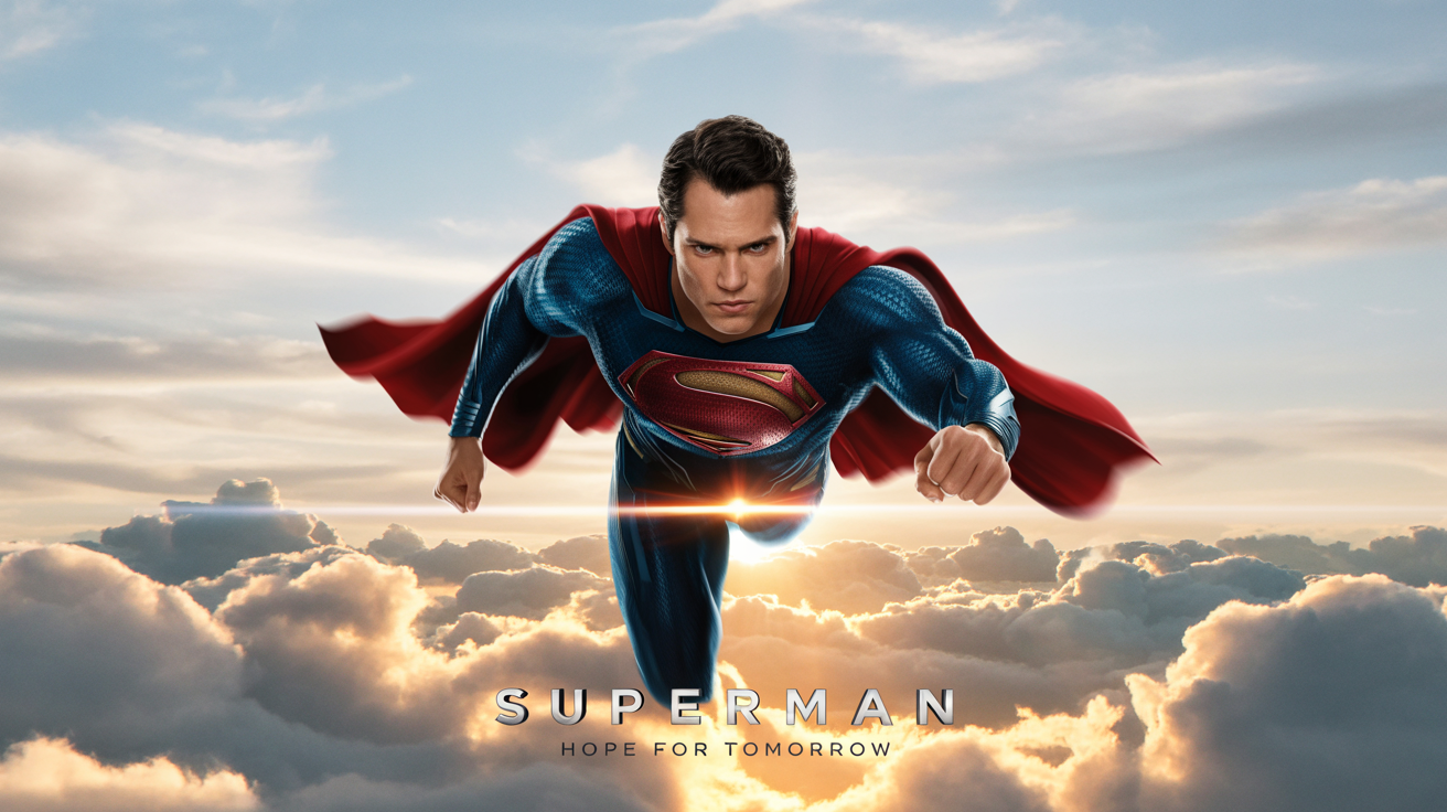 A cinematic movie poster mockup for Superman, showing him flying through the clouds at sunset. The title 'SUPERMAN' is displayed at the bottom. The poster is on a white background.