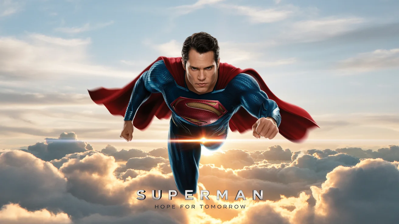 A cinematic movie poster mockup for Superman, showing him flying through the clouds at sunset. The title 'SUPERMAN' is displayed at the bottom. The poster is on a white background.