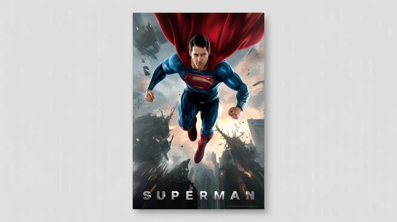 A cinematic Superman movie poster mockup. Superman is shown hovering heroically above a chaotic city scene, with the title 'SUPERMAN' at the bottom. The entire poster is displayed against a plain white background.