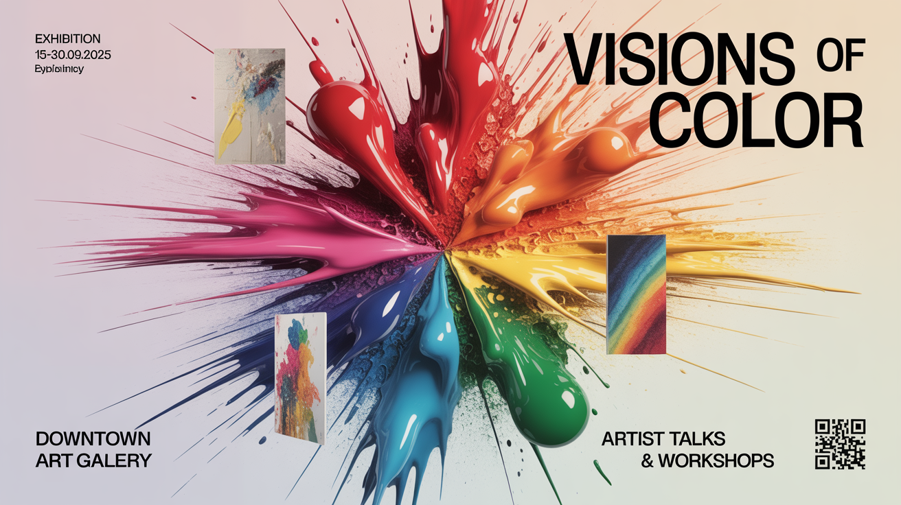 A professionally designed poster for an art exhibition titled 'Visions of Color,' featuring a vibrant, abstract background, bold typography for the title, and details for dates, location, and special events, with a QR code at the bottom.
