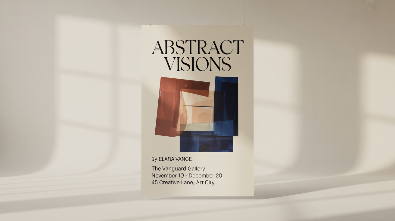 A modern art exhibition poster mockup against a white background, featuring abstract shapes and typography for an exhibition titled 'Abstract Visions' by artist Elara Vance.