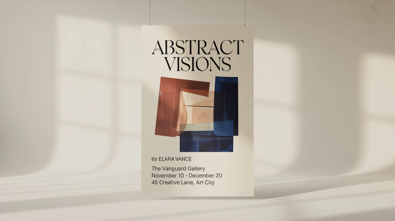 A modern art exhibition poster mockup against a white background, featuring abstract shapes and typography for an exhibition titled 'Abstract Visions' by artist Elara Vance.