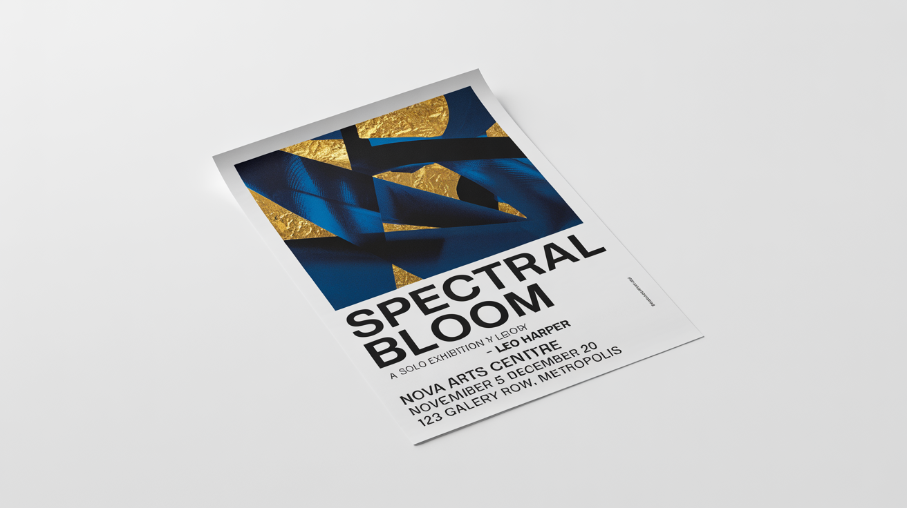 A mockup of a modern art exhibition poster for an artist named Leo Harper, titled 'Spectral Bloom'. The poster features vibrant abstract shapes and is set against a clean white background.