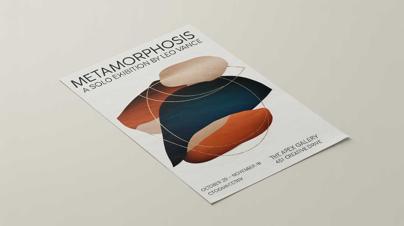 A modern, minimalist art exhibition poster titled 'Metamorphosis' by Leo Vance, featuring abstract shapes in indigo and terracotta orange, presented as a mockup on a clean white background.