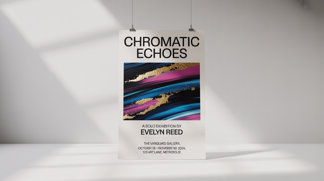 A mockup of a modern art exhibition poster for an event called 'Chromatic Echoes' by Evelyn Reed, featuring a vibrant abstract painting and event details, set against a plain white background.