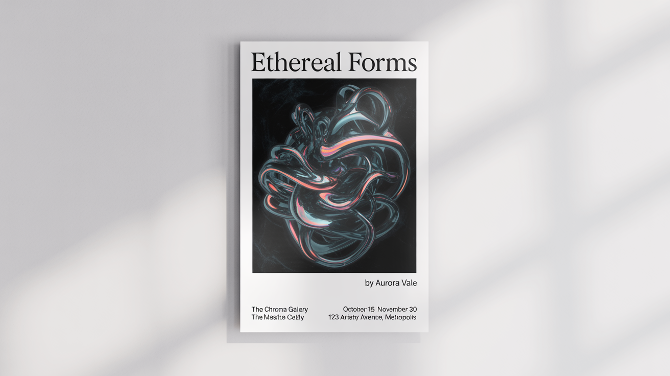 A modern art exhibition poster for an event titled 'Ethereal Forms' by artist 'Aurora Vale'. The poster features abstract art and event details, displayed against a plain white background.