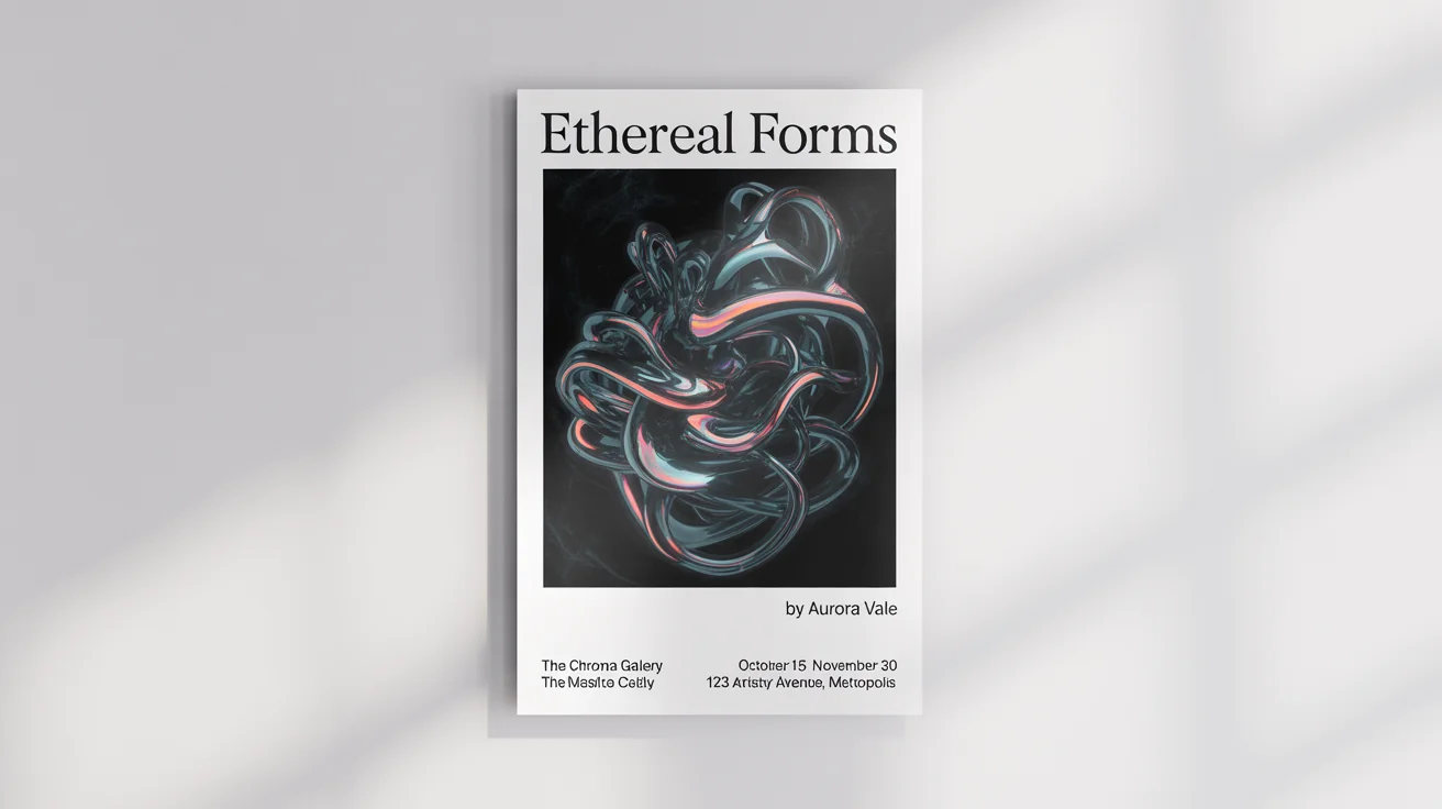 A modern art exhibition poster for an event titled 'Ethereal Forms' by artist 'Aurora Vale'. The poster features abstract art and event details, displayed against a plain white background.