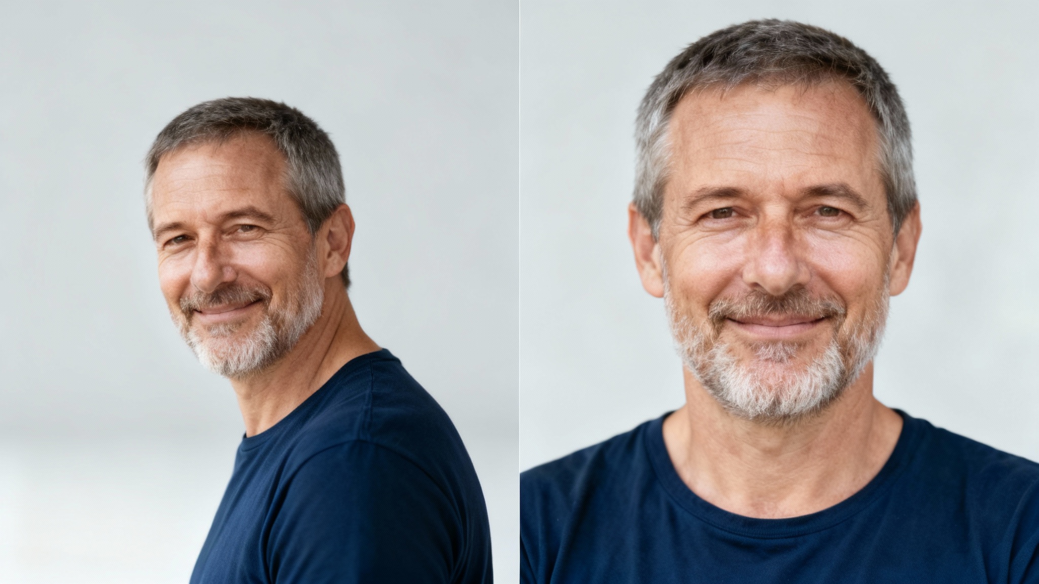 A before-and-after image showing a face-centering tool. The left image has a man's portrait off-center. The right image shows the same portrait perfectly centered as the final result.