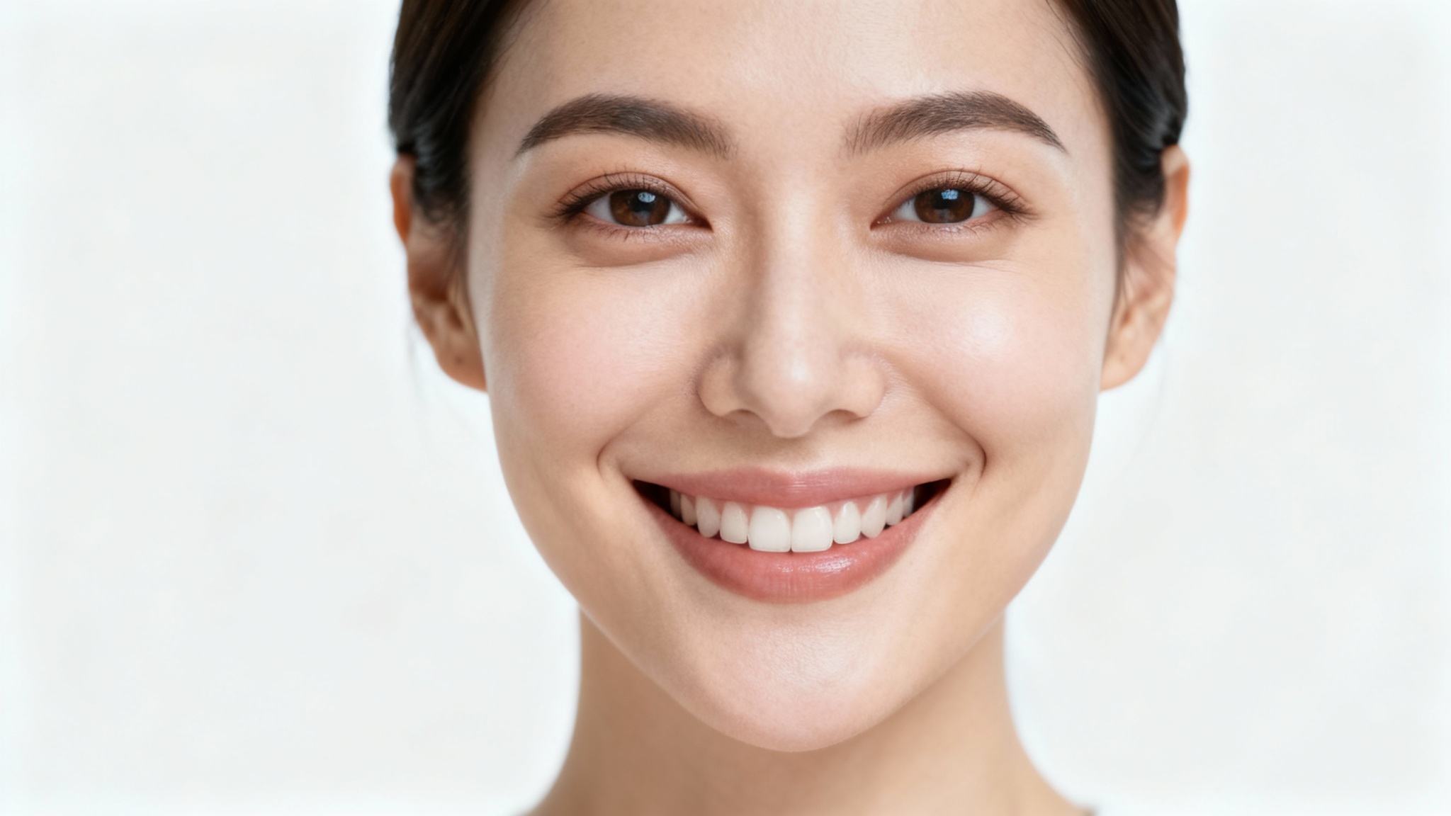 A professional, perfectly centered studio headshot of a smiling woman against a solid white background, illustrating a perfectly framed portrait.