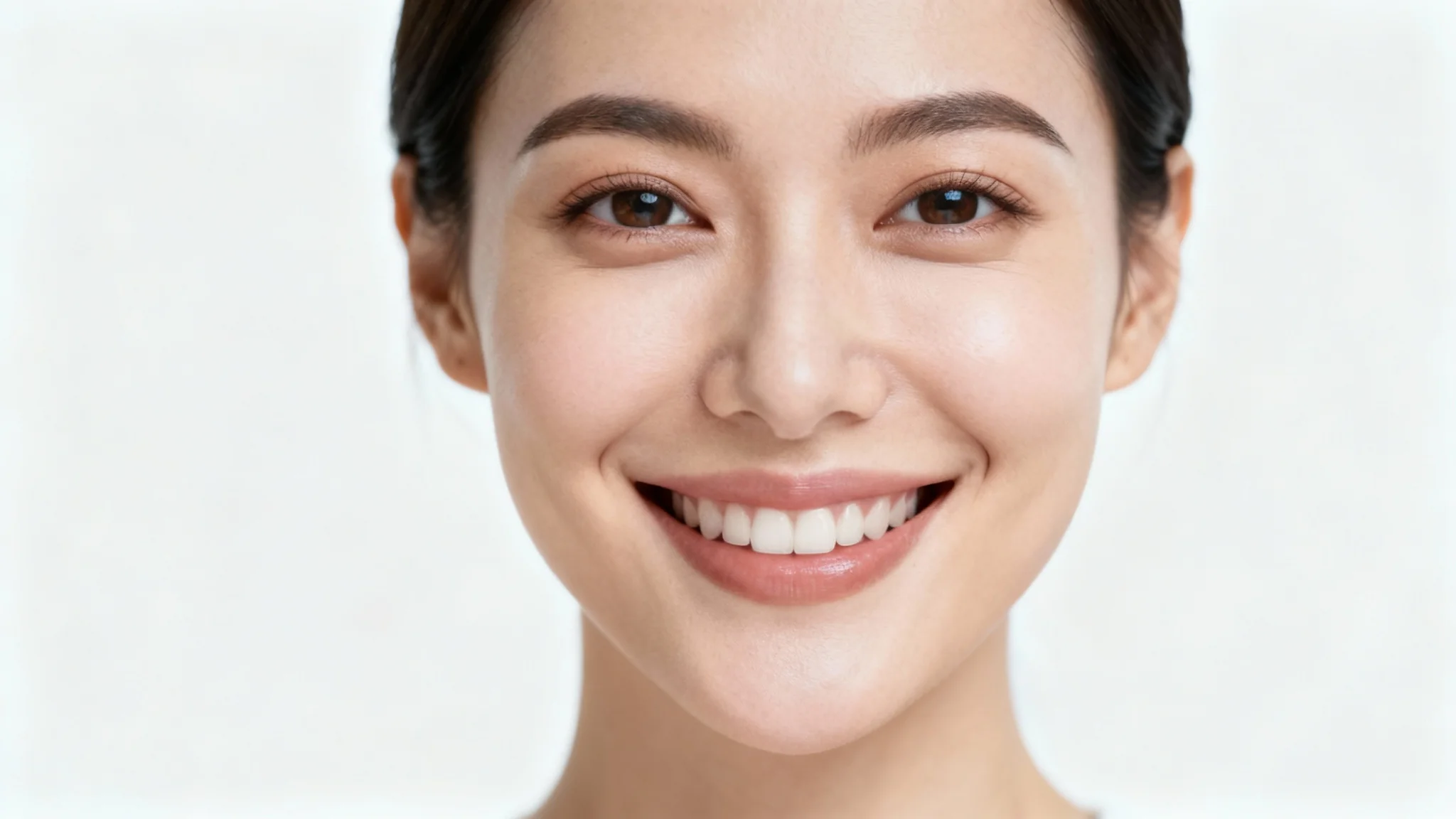 A professional, perfectly centered studio headshot of a smiling woman against a solid white background, illustrating a perfectly framed portrait.