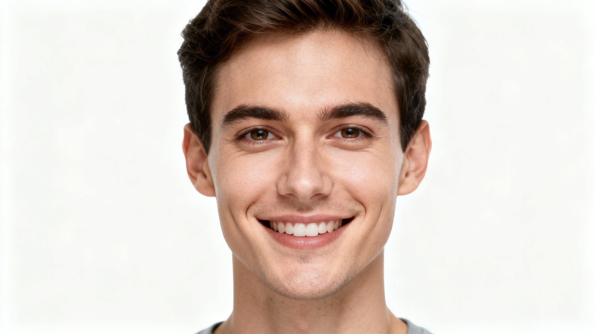 A perfectly centered studio headshot of a smiling person against a plain white background, demonstrating a face-centering photo effect.