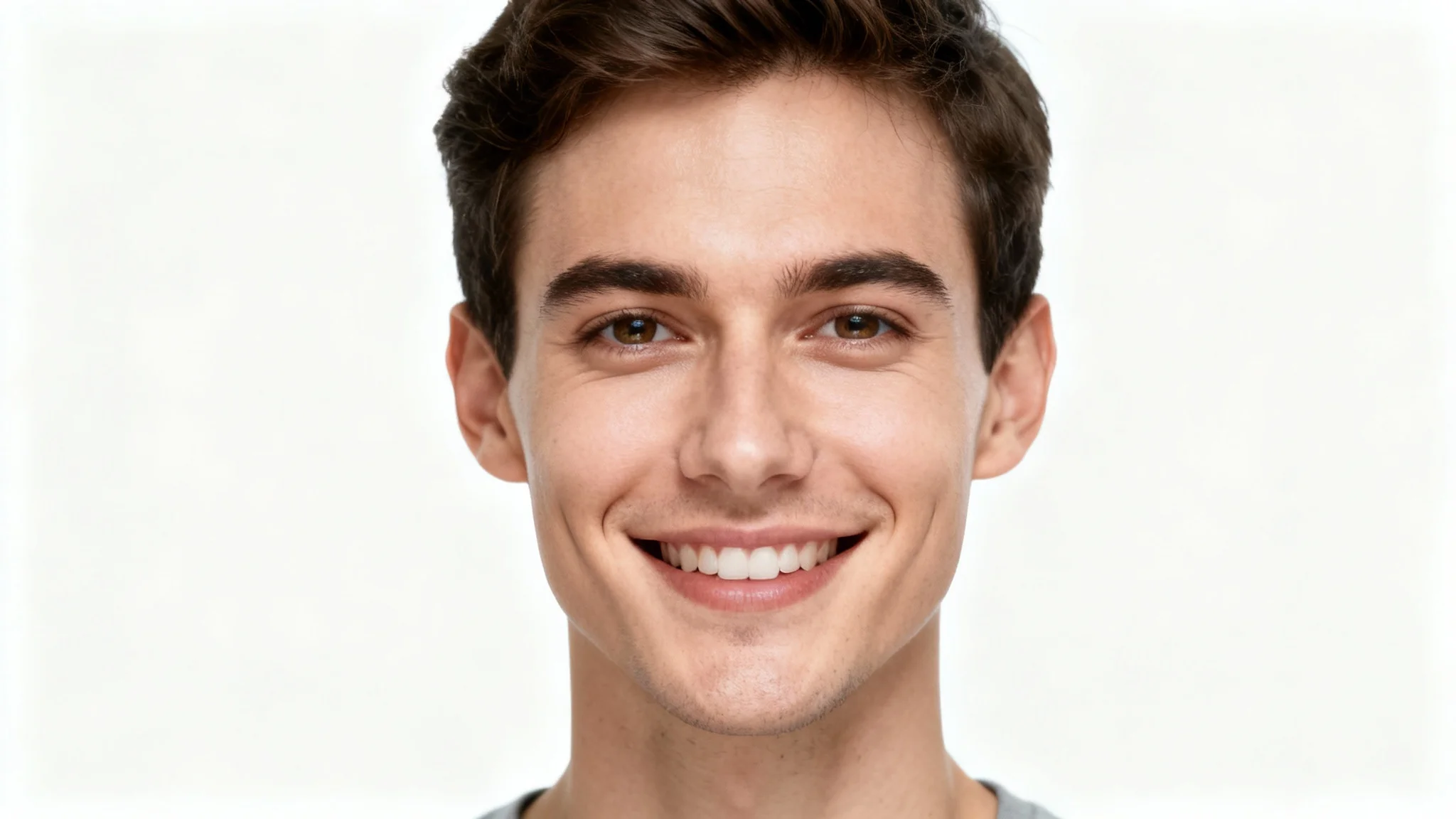 A perfectly centered studio headshot of a smiling person against a plain white background, demonstrating a face-centering photo effect.