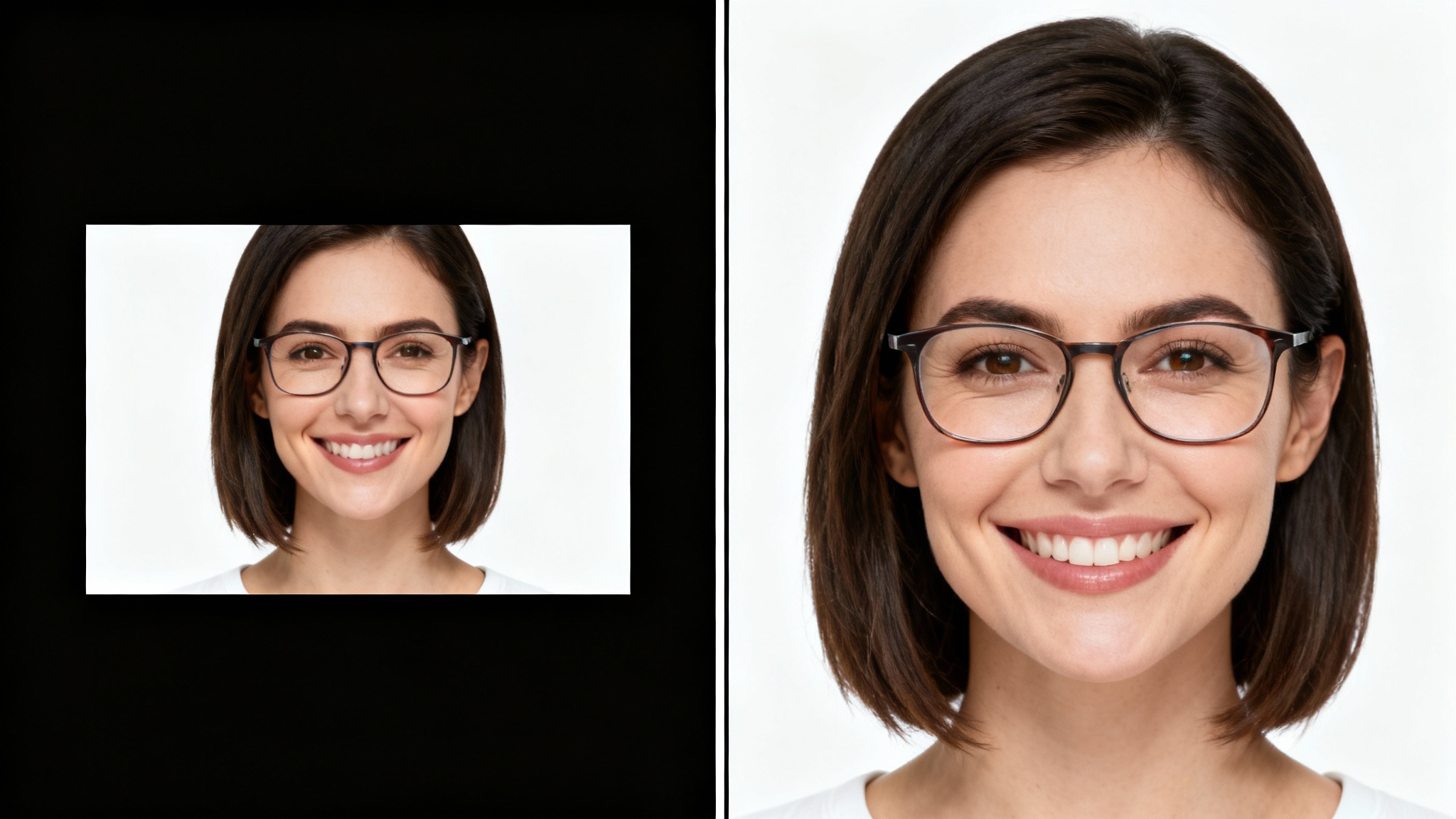 A before-and-after comparison image illustrating a face-centering feature. The 'before' image shows a woman's face off-center, while the 'after' image shows the same face perfectly centered.