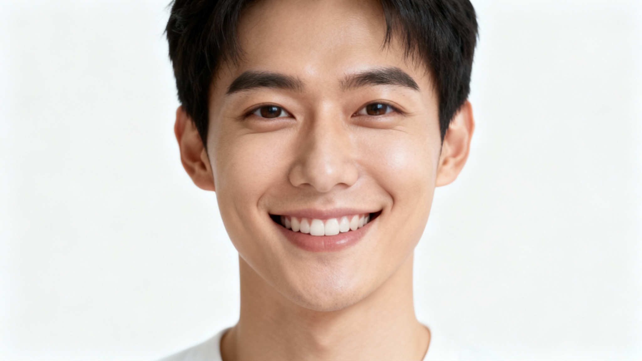 A perfectly centered portrait of a person smiling warmly, set against a stark white background to illustrate the face centering tool.