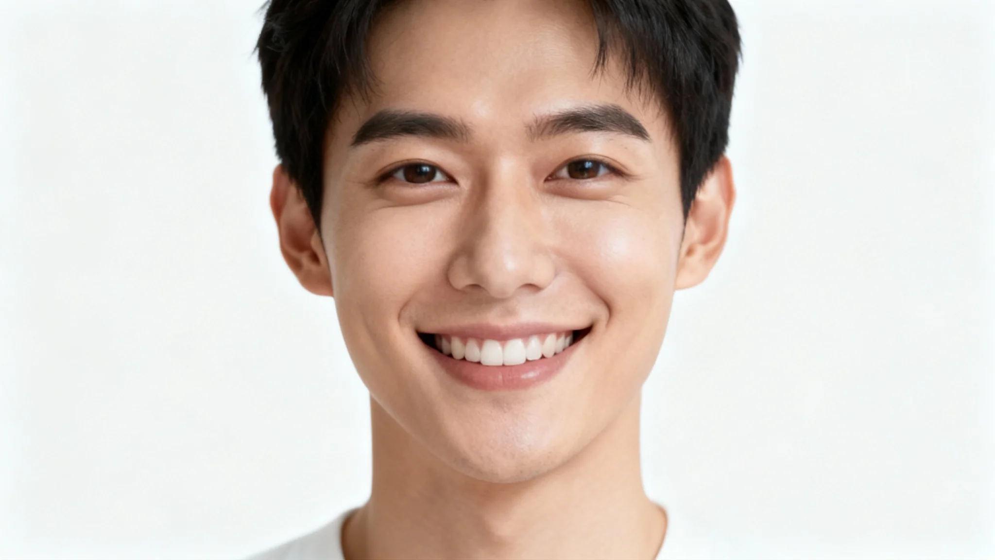 A perfectly centered portrait of a person smiling warmly, set against a stark white background to illustrate the face centering tool.