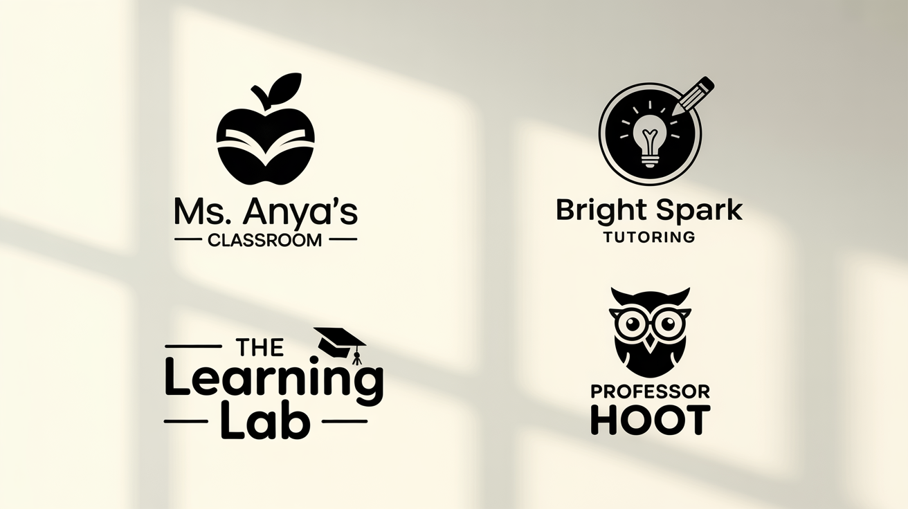 A showcase of four professionally designed logos for teachers. The logos feature an apple-book, a pencil-lightbulb, a graduation cap, and an owl, all with fictional teacher or company names.