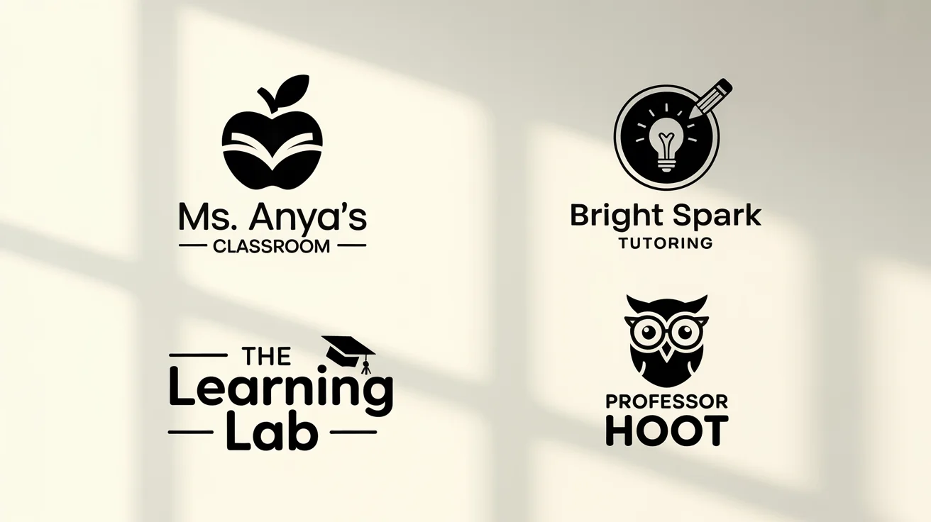 A showcase of four professionally designed logos for teachers. The logos feature an apple-book, a pencil-lightbulb, a graduation cap, and an owl, all with fictional teacher or company names.