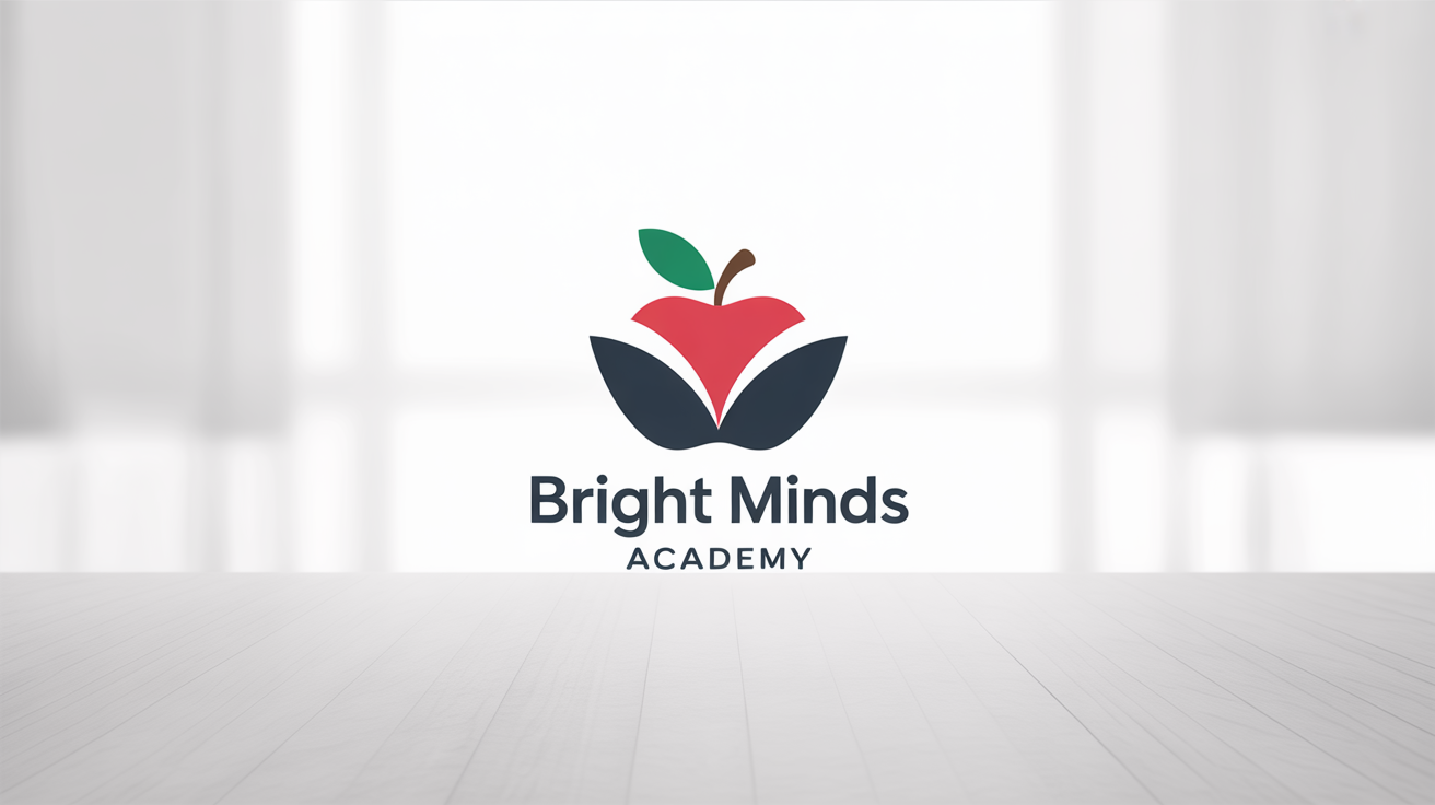 A minimalist logo for a teacher, featuring a red apple combined with an open book and the text 'Bright Minds Academy' against a white background.