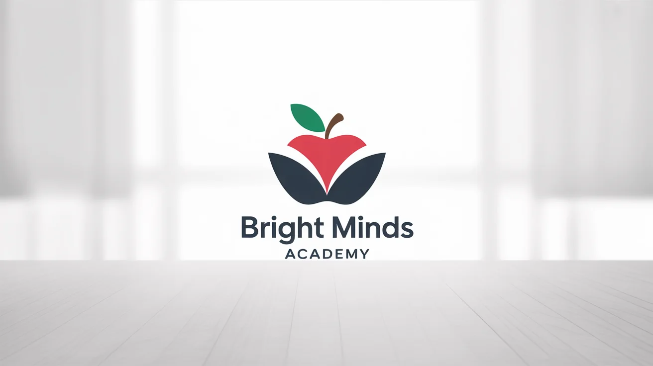 A minimalist logo for a teacher, featuring a red apple combined with an open book and the text 'Bright Minds Academy' against a white background.