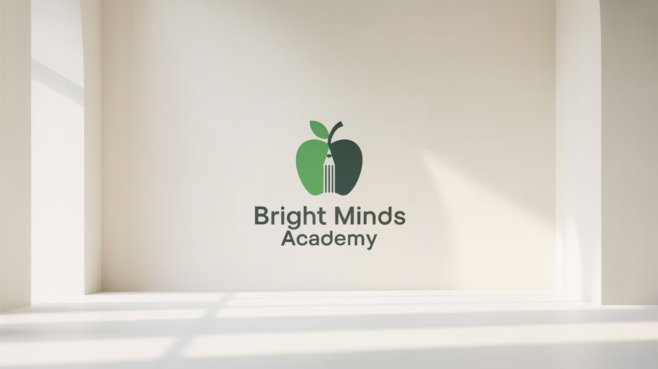 A modern teacher logo mockup featuring a green apple with a book and pencil shape in the negative space. Below it reads 'Bright Minds Academy' on a clean white background.