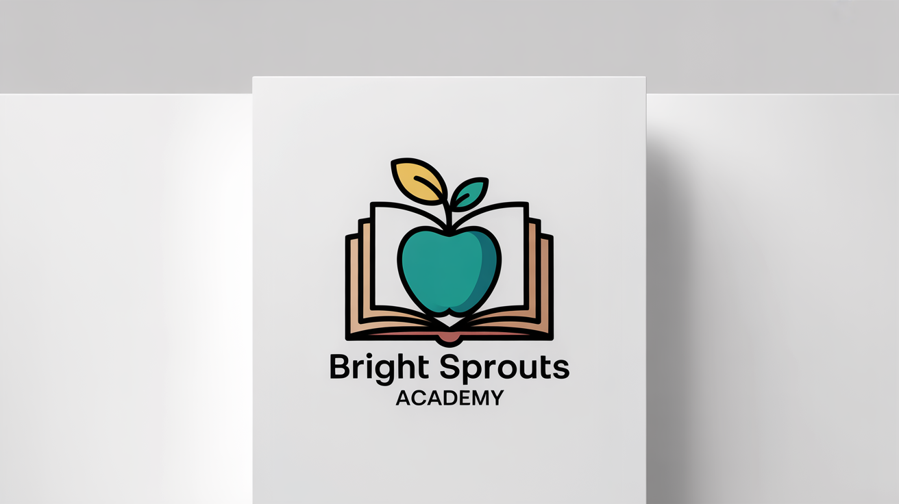 A modern, minimalist logo for 'Bright Sprouts Academy', featuring a teal apple on an open book. The logo is displayed on a clean white background.