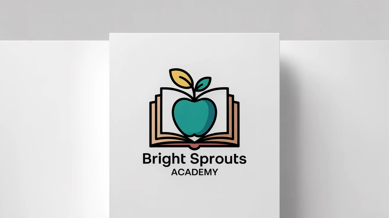 A modern, minimalist logo for 'Bright Sprouts Academy', featuring a teal apple on an open book. The logo is displayed on a clean white background.