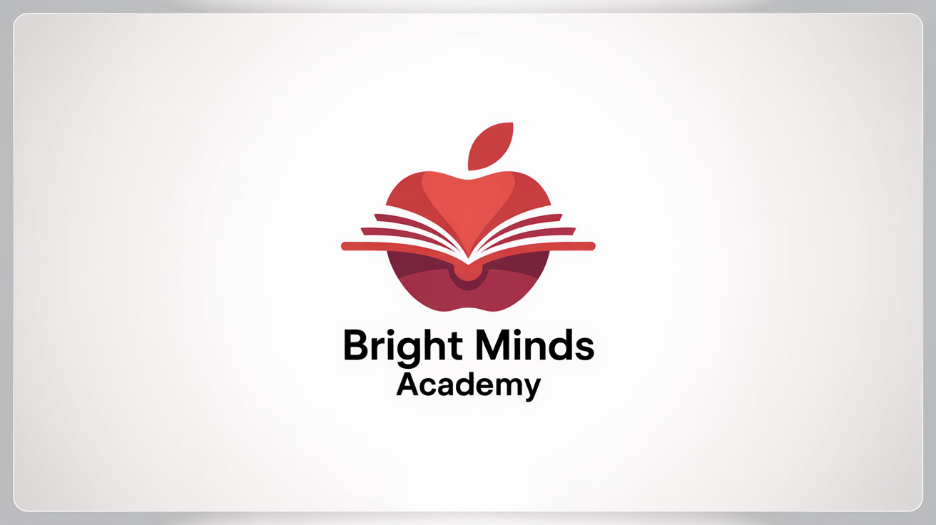A professional logo for an educational brand named 'Bright Minds Academy', featuring a stylized red apple and an open book on a clean white background.
