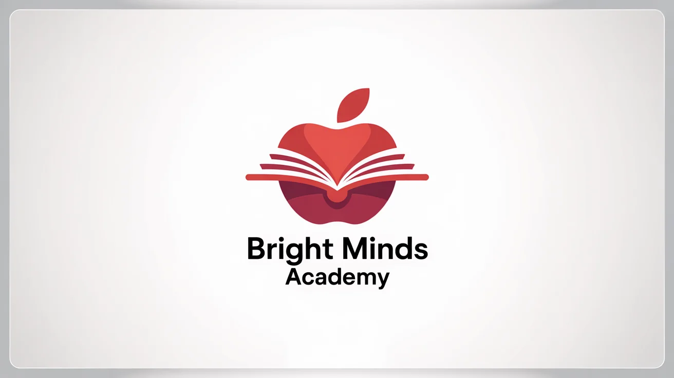A professional logo for an educational brand named 'Bright Minds Academy', featuring a stylized red apple and an open book on a clean white background.