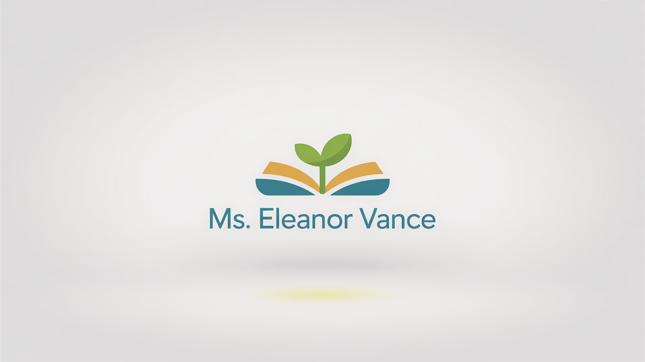 A professional mockup of a modern logo for a teacher named 'Ms. Eleanor Vance,' featuring a book and sprout icon on a clean white background.
